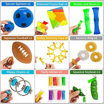 Full collection of 76 piece sensory fidget toys arranged for display