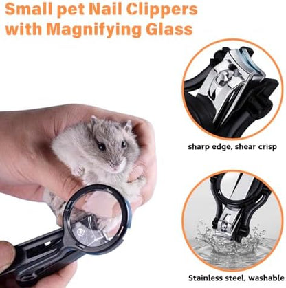 Stainless steel precision blades of the small pet nail clipper with attached magnifier guard.