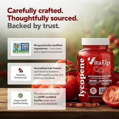 VitaUp lycopene antioxidant supplement bottle standing upright with premium natural tomato extract formulation visible.