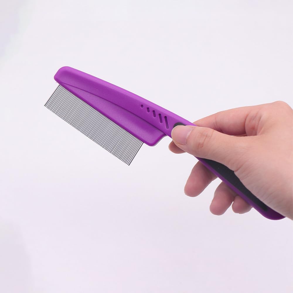 Purple rubber handle grip on pet grooming comb