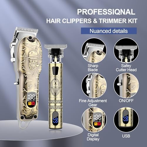LQT cordless beard trimmer with sharp stainless steel T-blades positioned next to its multi-size attachment guide combs.