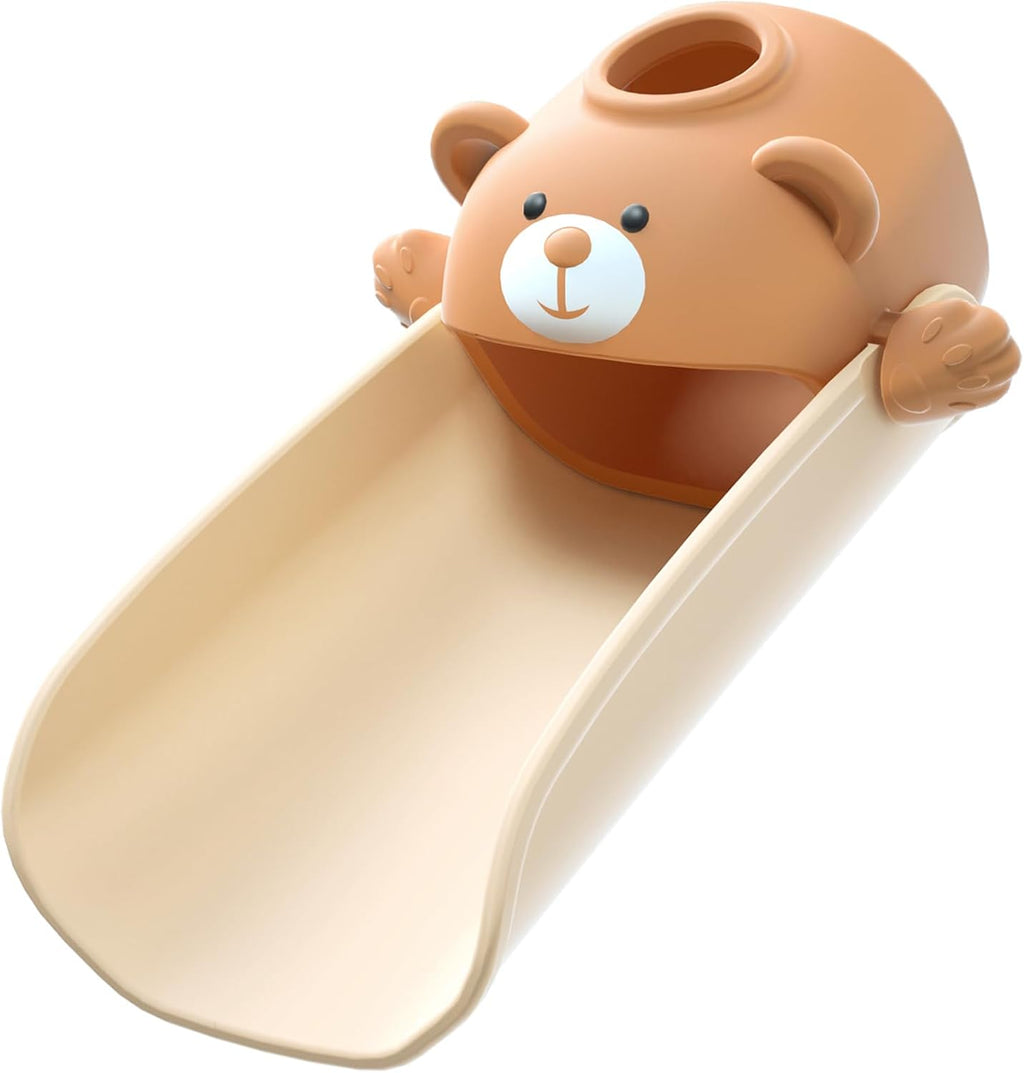 Skyroku Faucet Extender for Toddlers front view showing the cute brown bear design attached to a bathroom sink tap.