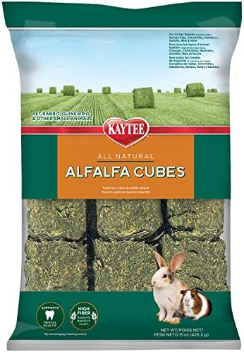 Kaytee compressed alfalfa blocks displaying natural green color and fiber texture for rabbit dental health