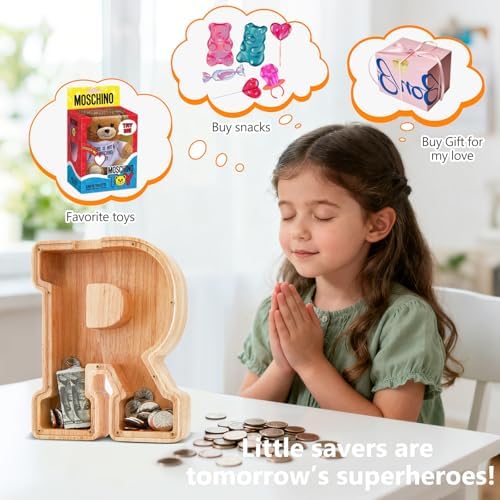 Large wooden coin bank for boys and girls showing how to unscrew the front panel.
