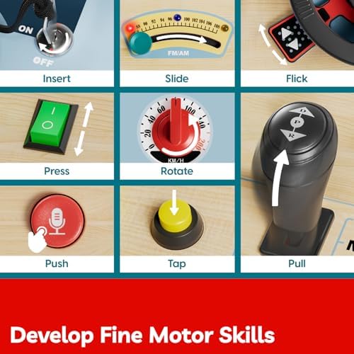 TOP BRIGHT Montessori driving toy with radio and walkie talkie attachments for pretend play