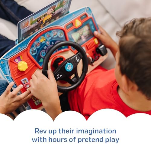 Close up of the scrolling GPS screen and interactive buttons on the wooden toy steering wheel.