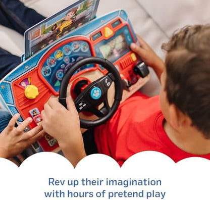 Close up of the scrolling GPS screen and interactive buttons on the wooden toy steering wheel.