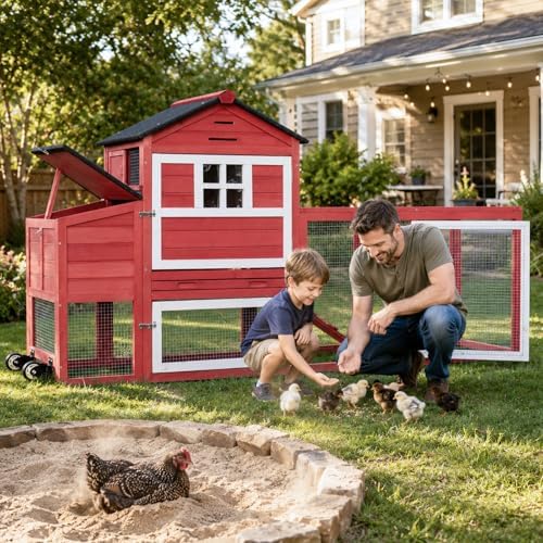 Portable Chicken Coop with Wheels Poultry Cage, Wooden Chicken Coop for 4-6 Chickens, Nesting Box, Pull-Out Tray, Ventilated Windows, Asphalt Weatherproof Roof, 81.5" Lx25.6 Wx44.1 H, Red - Image 3