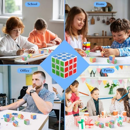 Piegricdiat miniature three by three puzzle cubes scattered to show diverse bright color panels.