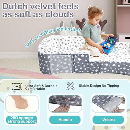 Angelbecke portable toddler travel bed showing the waterproof oxford cloth bottom fabric layer.