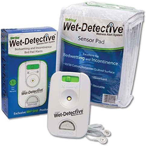Wet Detective incontinence alarm unit showing four sound settings and LED light.
