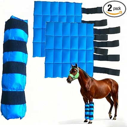 MR.ICE horse ice boots front view of blue gel cooling wraps