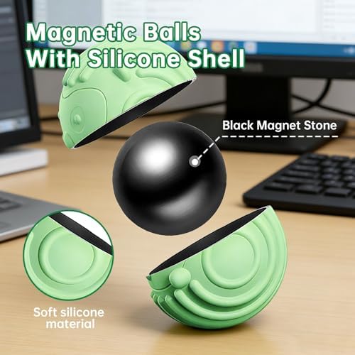 Close up view of the four distinct silicone textures including spiky and ribbed surfaces on the magnetic spheres.