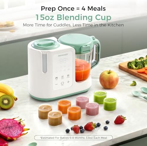 Momcozy healthy infant porridge maker showing three stage texture settings