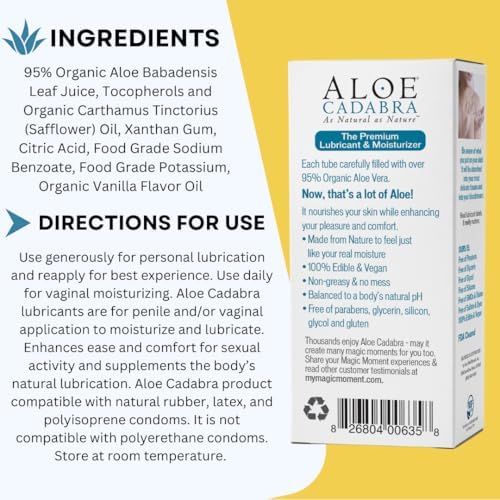 Water based pH balanced vaginal moisturizer by Aloe Cadabra for sensitive skin care.