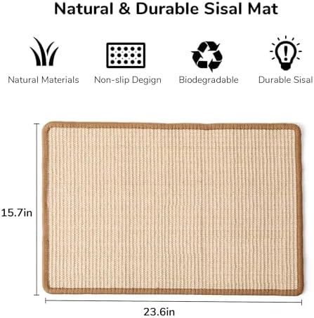 Fukumaru pet scratching pad rug showing premium beige textured sisal and brown border
