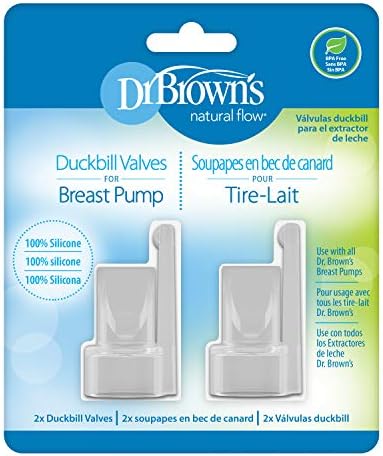 Pack of two authentic white silicone replacement duckbill valves for Dr. Brown's electric and manual breast pumps displaying the model number BF105.