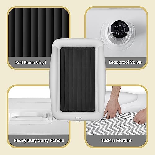 Black inflatable kids travel mattress packed inside its compact carry bag