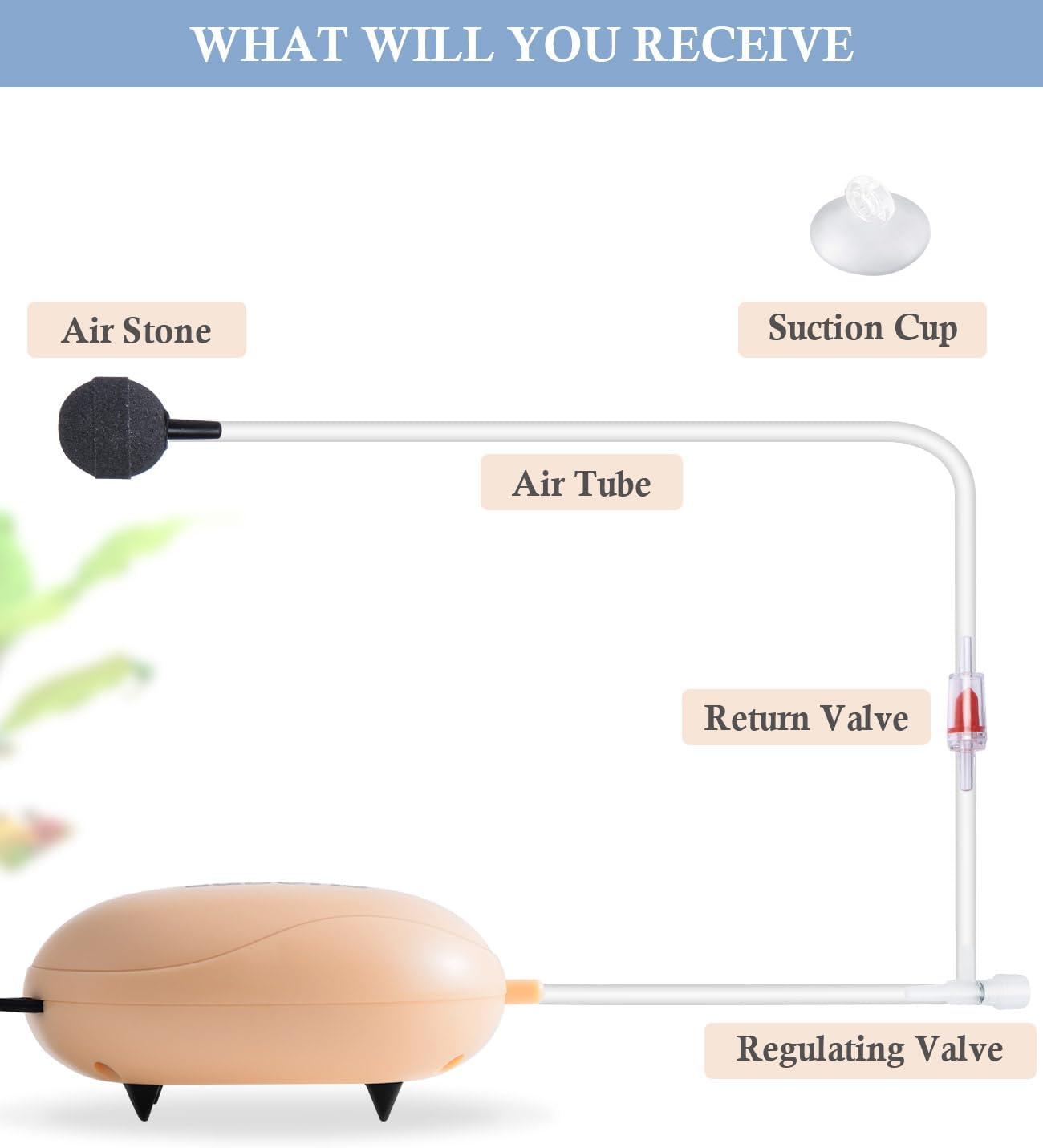 Fedour oxygen pump connected to silicone air tubing and stone