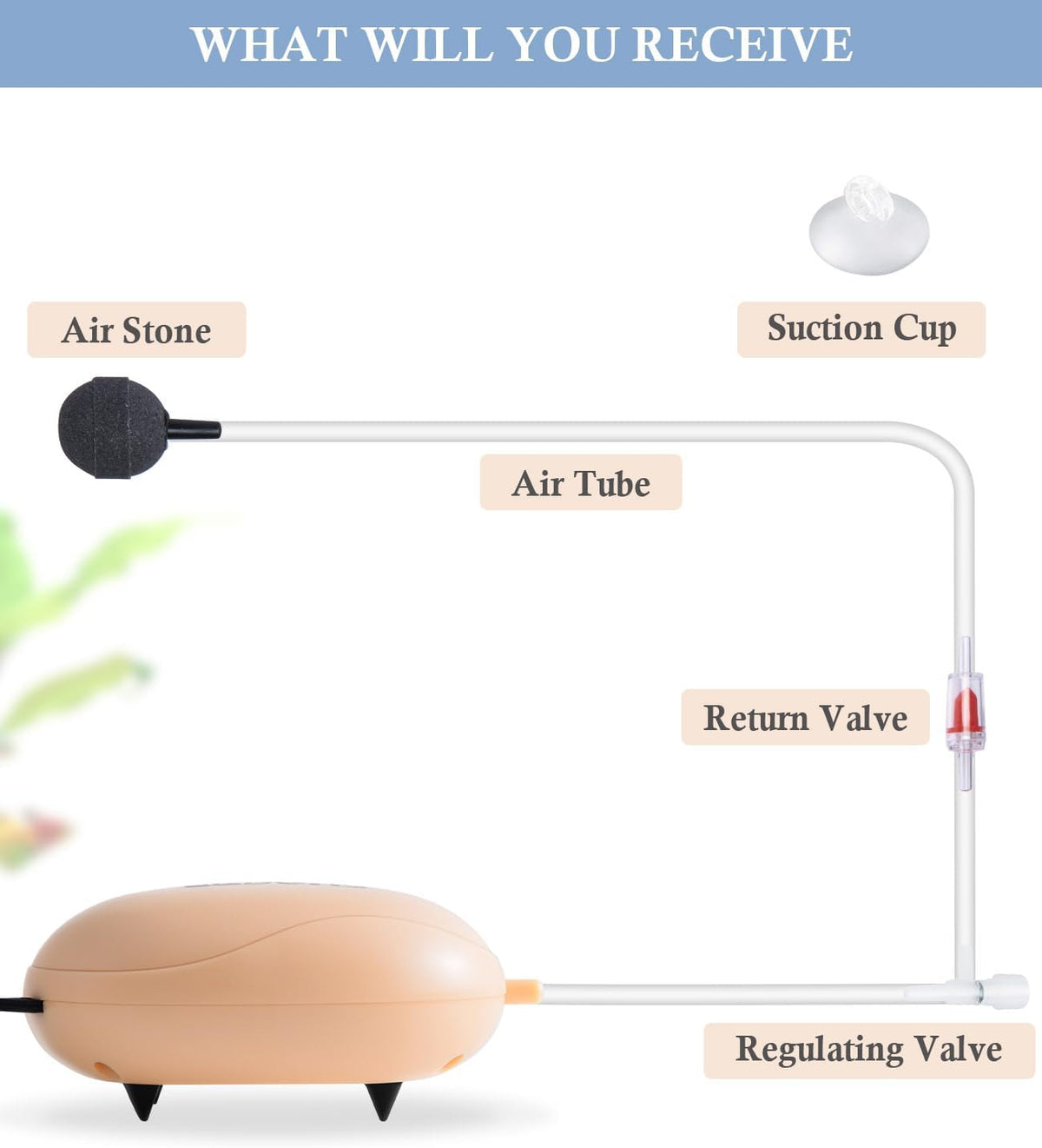 Fedour oxygen pump connected to silicone air tubing and stone