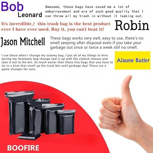Boofire odor proof colostomy bag disposal sack showing thick leakproof material layers