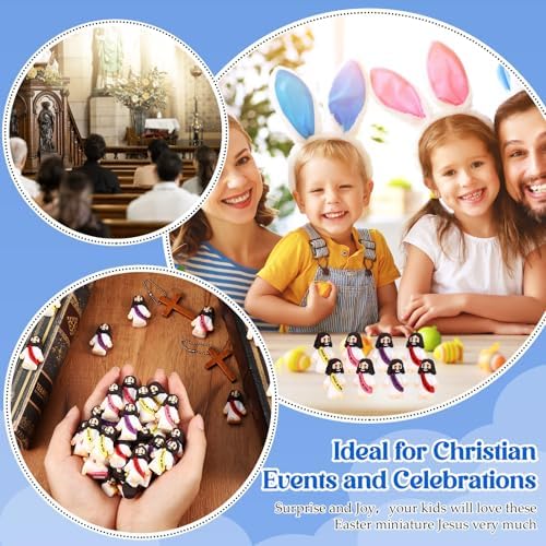 Durable rubber miniature holy toys being placed inside plastic eggs for a community celebration hunt activity.