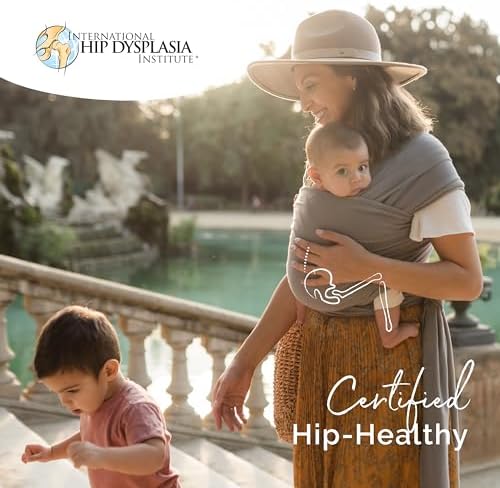Ergonomic hands free baby wearing demonstration using the Boba wrap carrier for parents.