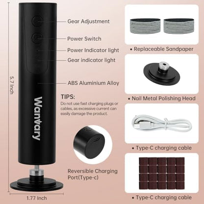 Electric callus remover kit showing multiple grit sandpaper accessories and nail drills.