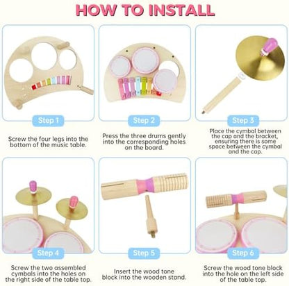 Child safe wooden drumsticks included with the Rmischolar Montessori music toy for girls.