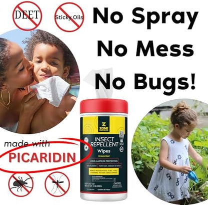 Zone Protects eighty count Picaridin bug repellent wipes for outdoor insect defense