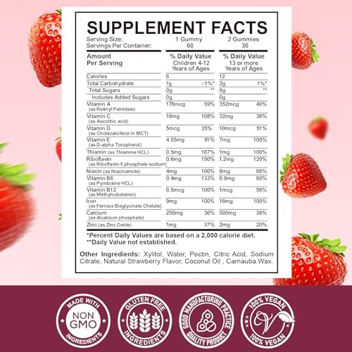 Side view of ReviNutra children multivitamin bottle detailing vegan certification and nutritional facts