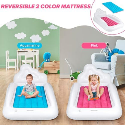 USHMA kids blow up mattress with side bumpers flipped to show aquamarine blue side