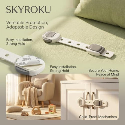 ZENTIVOR baby proofing strap lock mounted on a white refrigerator door illustrating the double button adult release mechanism.