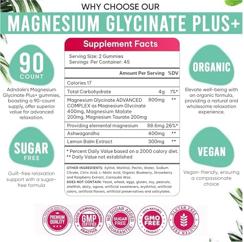 Adndale calm magnesium gummies displaying certified good manufacturing practices and third party tested seal