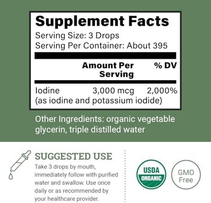Side profile of Earth Harmony Lugols Iodine bottle showing supplement details