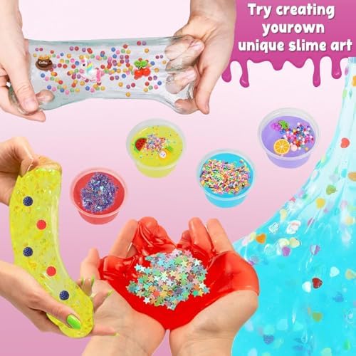 Kids hands mixing glitter and foam ball craft supplies into a clear sensory base