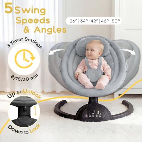 Monniebaby baby swing angled view featuring hanging plush toys