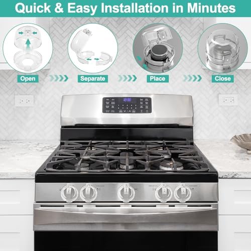 GRENFU Stove Knob Safety Covers (5 + 1 Pack) - Double-Key, Universal Size Gas Stove Knob Locks with Strong Double-Sided Tape, Heat-Resistant Oven Knob Covers for Child Safety/Pet Safety, Clear View - Image 7