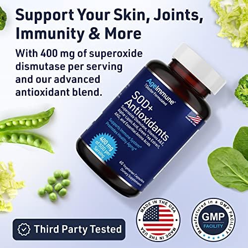 Supplement facts panel of AgeImmune antioxidant complex showcasing 400 milligrams of Superoxide Dismutase.