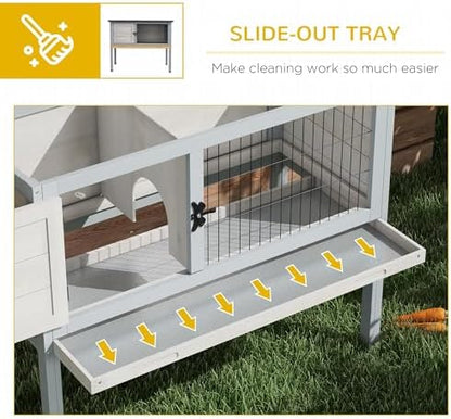 PawHut Elevated Wooden Rabbit Hutch, Indoor/Outdoor Bunny Cage with Hinged Asphalt Roof and Removable Tray for Guinea Pig, Light Gray - Image 6