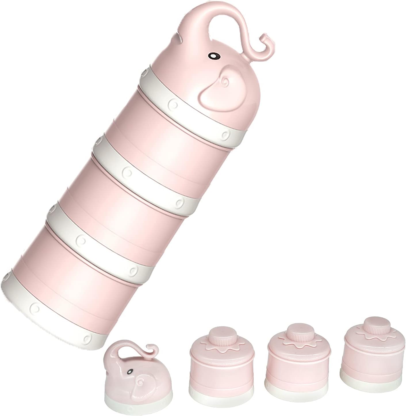 IENYPA baby milk powder formula dispenser pink front view showing stackable three layer design with cartoon elephant top cover