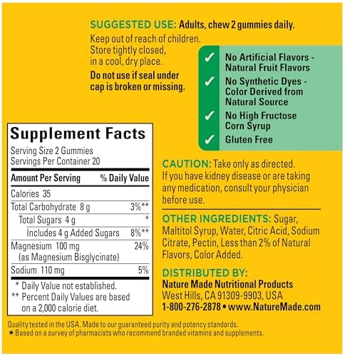 USA imported Nature Made Magnesium Glycinate premium dietary wellness gummies for heart and bone health.