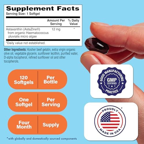 Health Thru Nutrition Astaxanthin 30 softgels bottle side panel detailing AstaZine microalgae source.
