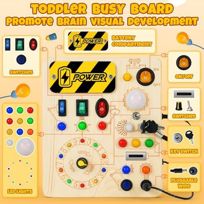 Close up angle of Hoarosall educational toddler board highlighting the smooth wooden finish, key lock mechanism, and rotating gears.