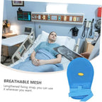 Washable blue mesh safety glove for geriatric patient hand protection.