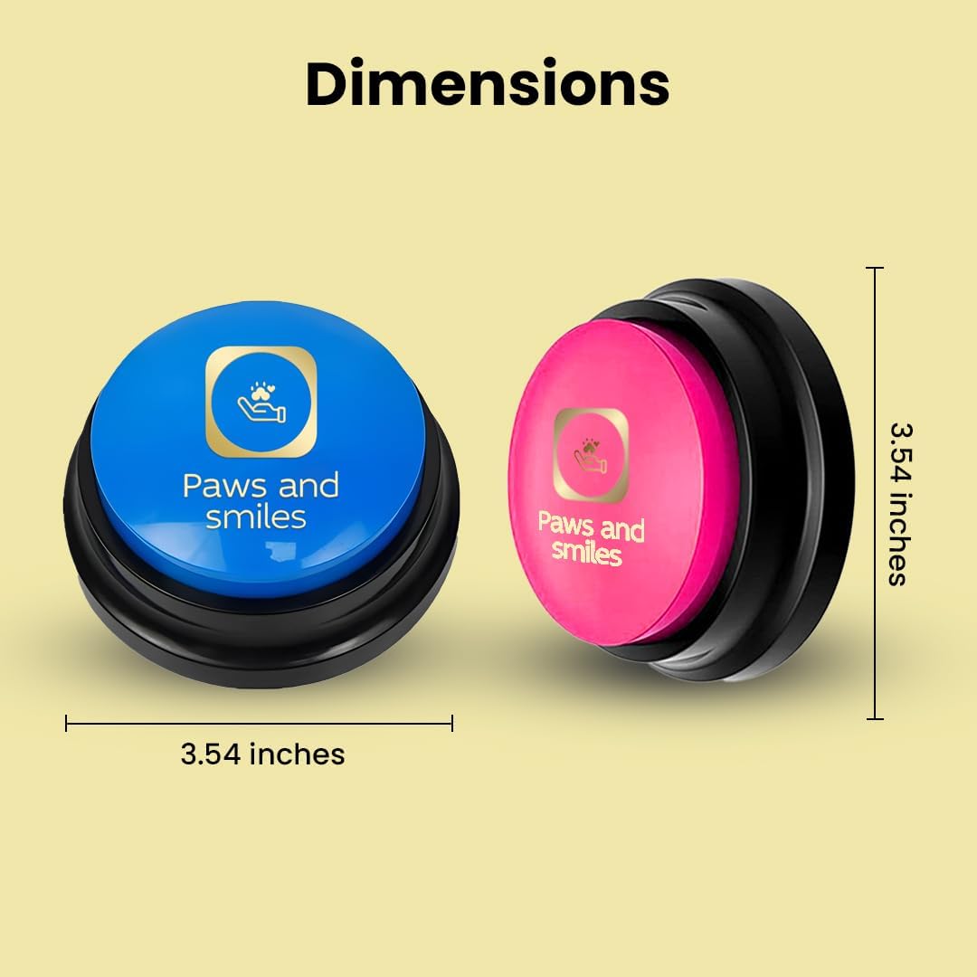 Close up view of a dog pressing a bright blue recordable pet buzzer to communicate