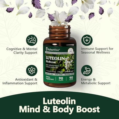USA manufactured non GMO gluten free certification seals on HyberVive luteolin packaging