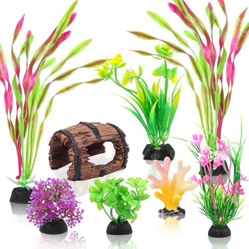 QUOZUO eight piece aquarium accessories kit featuring safe colorful artificial plastic plants.