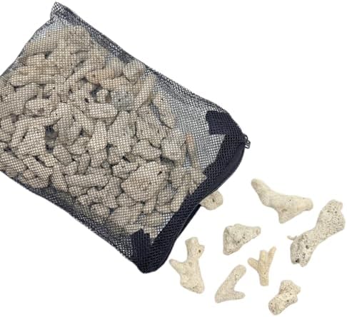 Natural crushed coral pieces outside the mesh bag showing porous texture