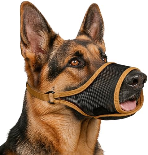 Side profile of large dog wearing brown mesh muzzle